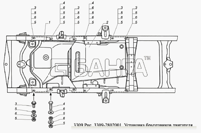 ГАЗ ГАЗ-3309 (Евро 2) Схема Установка брызговиков двигателя-153